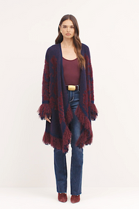 L'Agence 80278HAO-MDBJ Cardigan Naiad en jacquard à franges bleu nuit/bordeaux