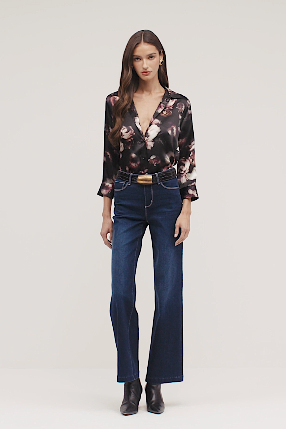 L'Agence 40126HVZ-DSAA Blouse Dani à manches 3/4 noire/mauve avec petite rose effet usé
