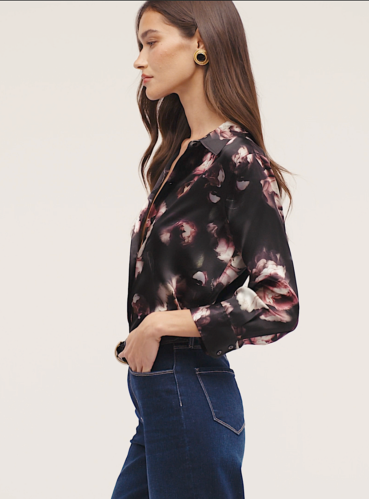 L'Agence 40126HVZ-DSAA Blouse Dani à manches 3/4 noire/mauve avec petite rose effet usé