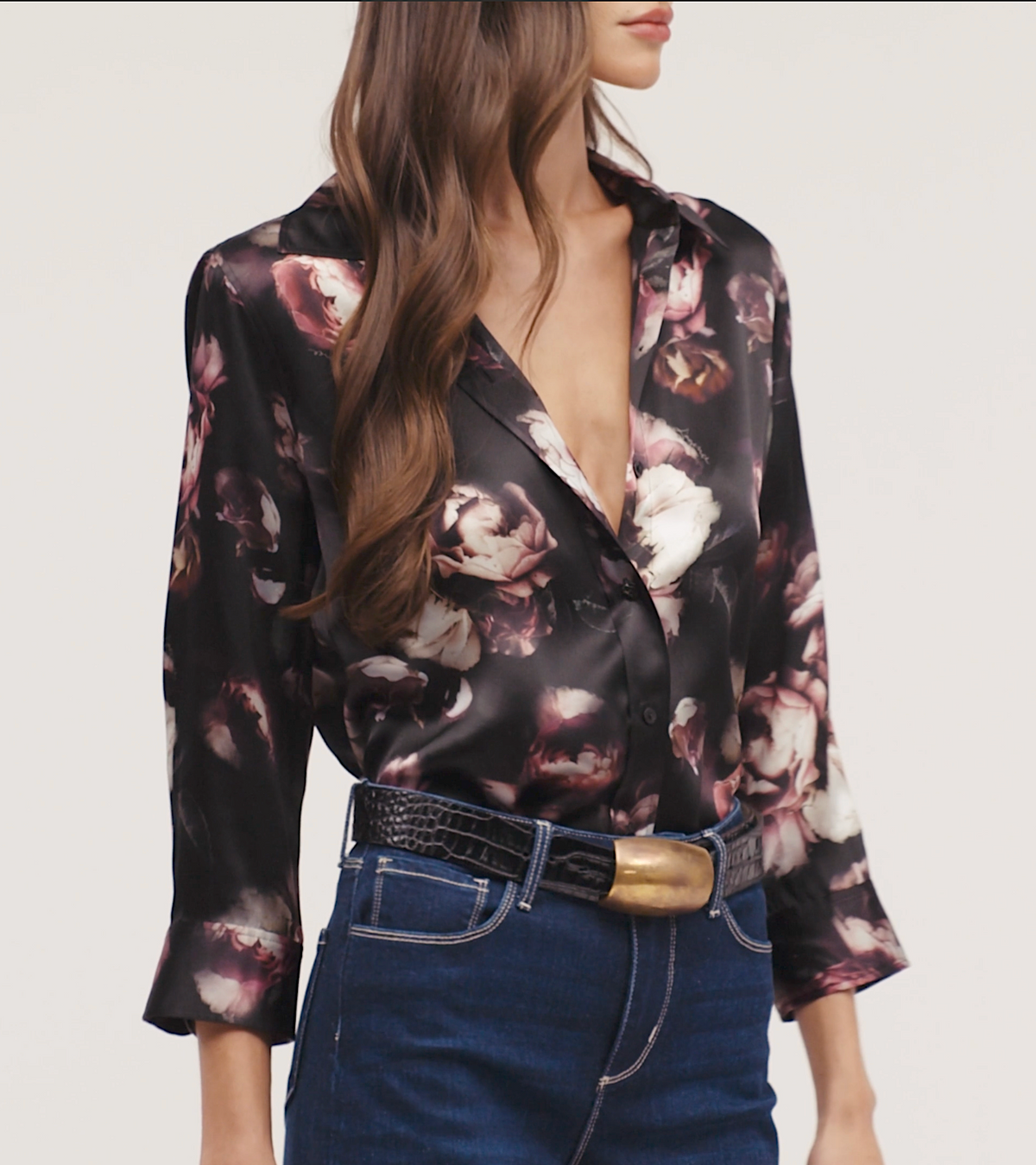 L'Agence 40126HVZ-DSAA Blouse Dani à manches 3/4 noire/mauve avec petite rose effet usé