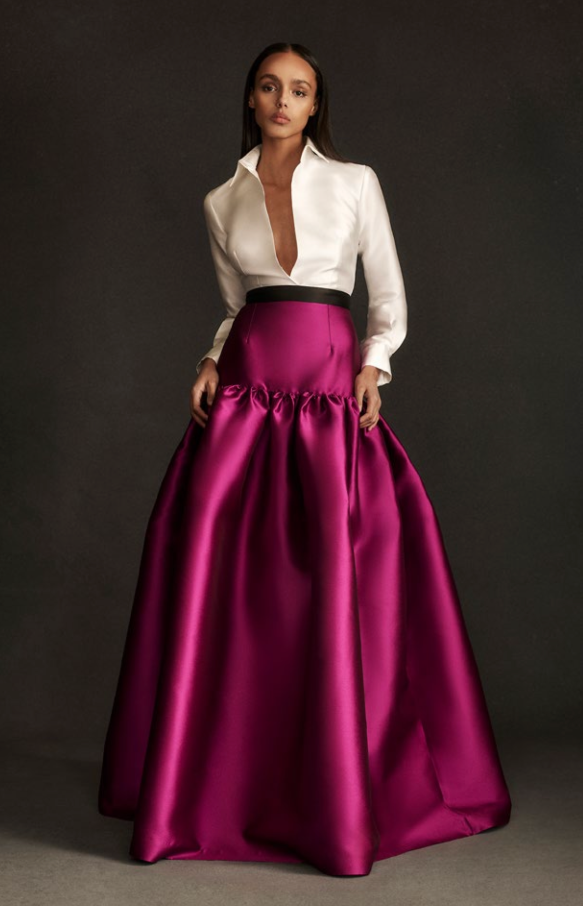 Greta Constantine Robe de bal Bach trompe-l'œil à taille basse froncée blanc/neir/prune
