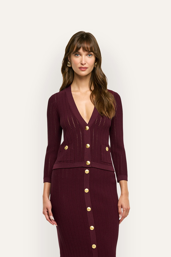 L’Agence Irvin Pointelle Cropped Cardigan Deep Port/Gold