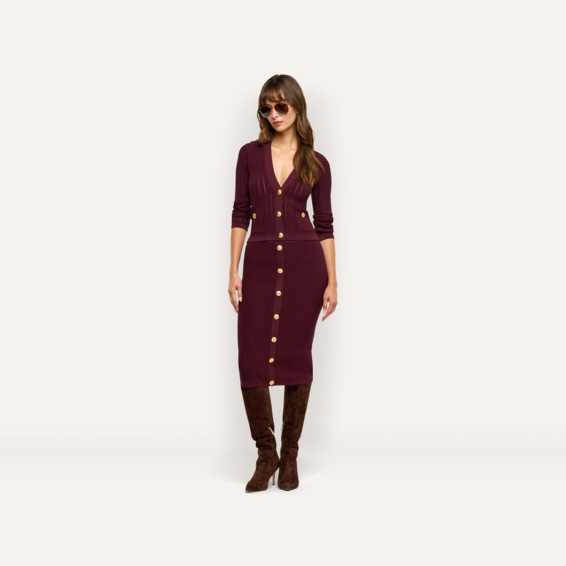 L’Agence Irvin Pointelle Cropped Cardigan Deep Port/Gold