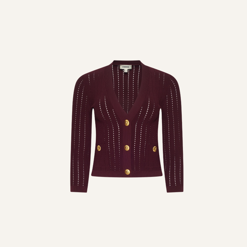 L’Agence Irvin Pointelle Cropped Cardigan Deep Port/Gold