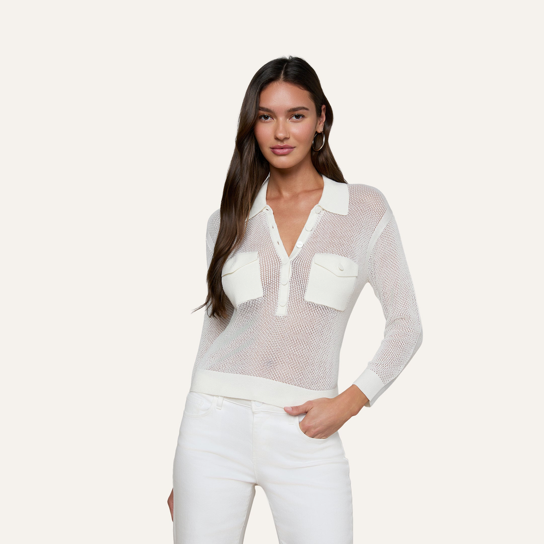L'Agence Carine Pointelle Collared Sweater - Ivory