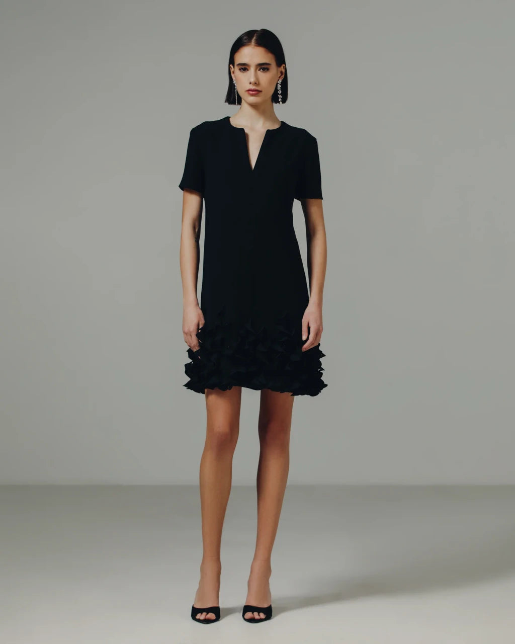 Catherine Regehr Short Sleeve Split Jewel Neck Arak Shift with Spiral Hem Black