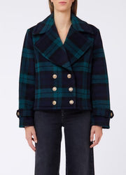 Liu Jo White Cropped Wool Coat -  Tartan/Green/Blue