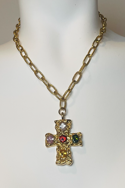 Aether Designs Bowie Jewelled Cross Brooch Gold/Multi