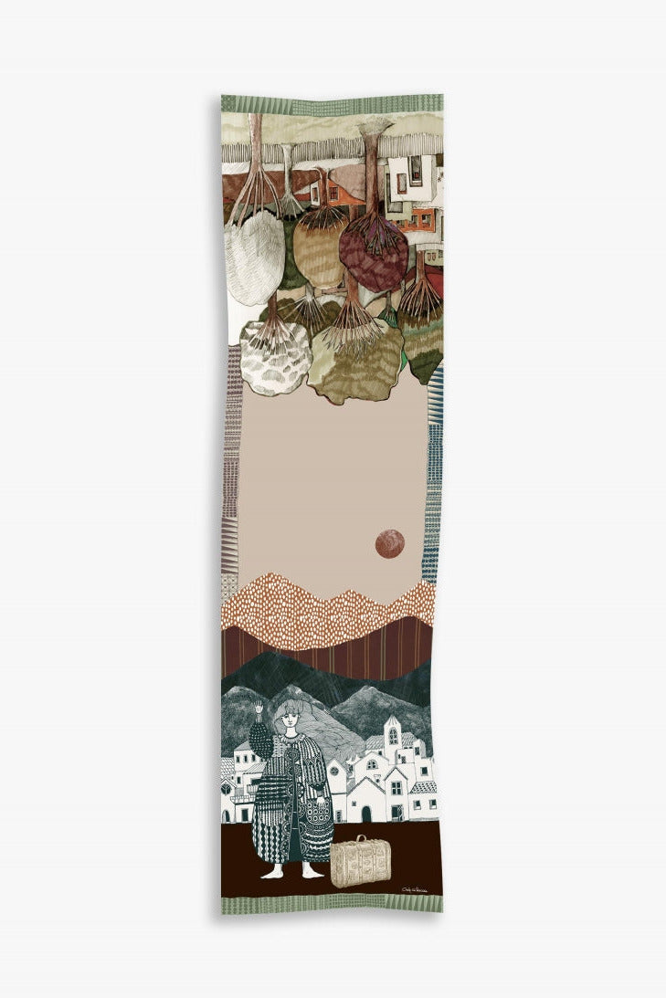 Cinzia Rocca Beige Twill Silk Scarf With Woman and a Landscape - Beige