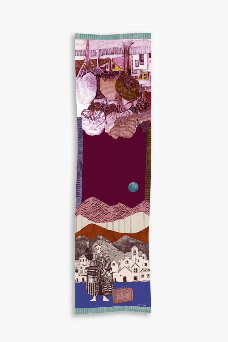 Cinzia Rocca Burgundy Twill Silk Scarf With Woman and a Landscape - Bordeaux