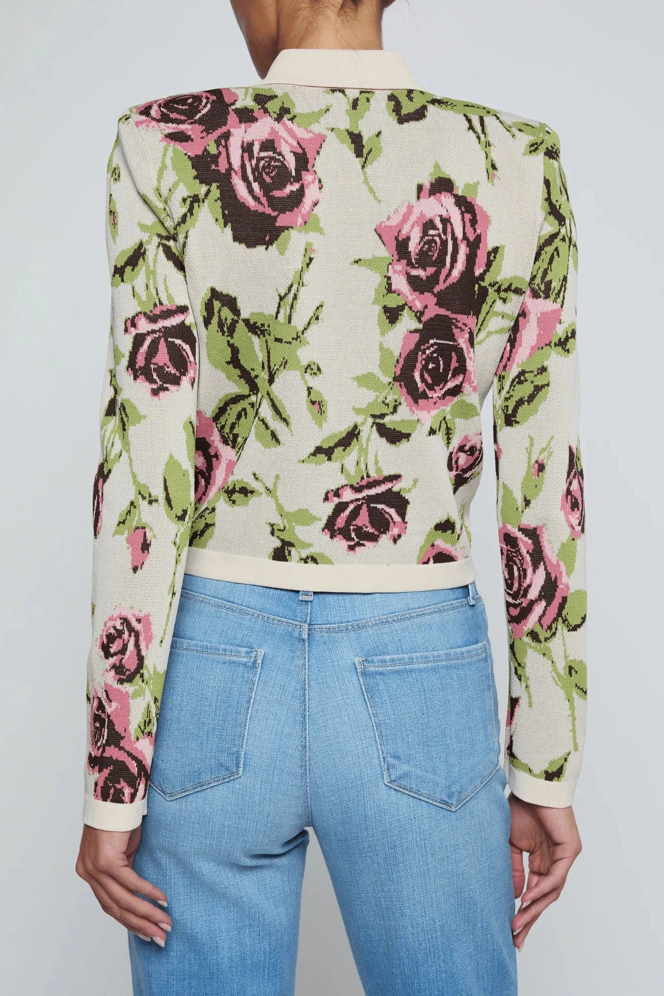L'Agence Cardigan Jacquard Osiris Col Chemise Écru/Mauve Rose Romantique