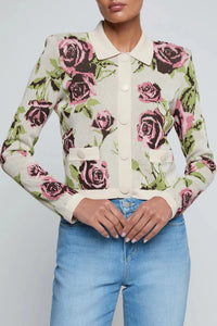 L'Agence Cardigan Jacquard Osiris Col Chemise Écru/Mauve Rose Romantique