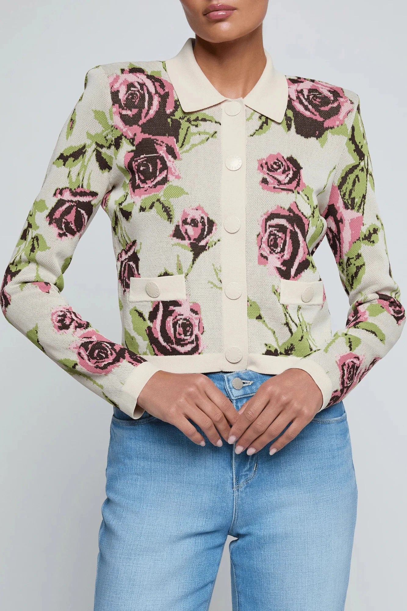 L'Agence Cardigan Jacquard Osiris Col Chemise Écru/Mauve Rose Romantique