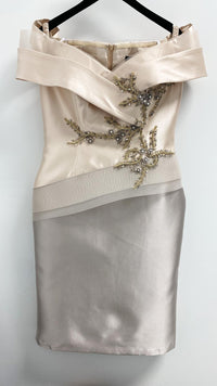 Terani Couture Embroidered Champagne Taupe Cocktail Dress