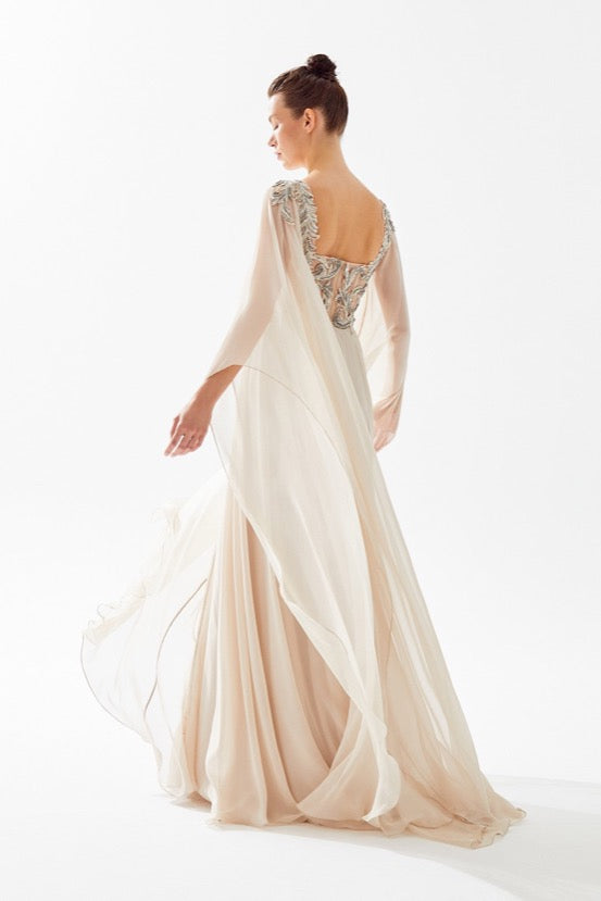 Sheer Chiffon Beaded Embellished Long Cape Sleeve Gown