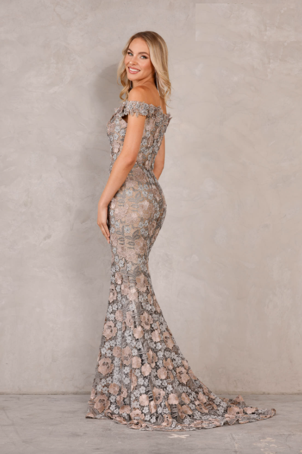Terani Couture Pewter Bronze off the shoulder Gown Long Dress