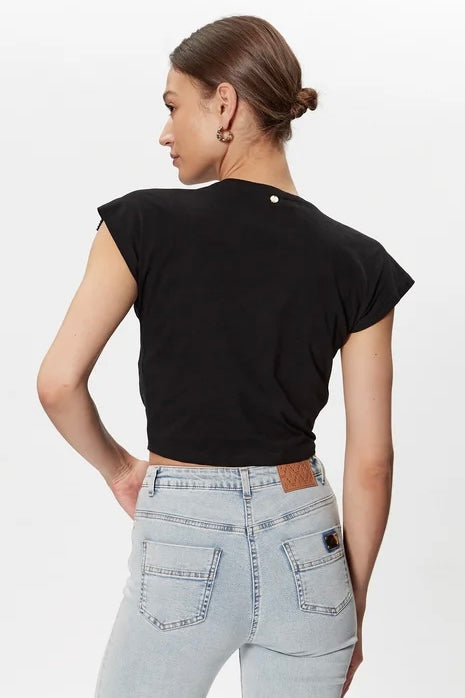 Liu Jo Black T-Shirt with Pearl Fringe Appliqué