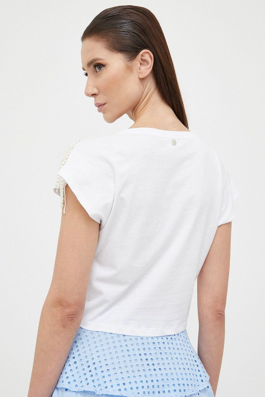 Liu Jo White T-Shirt with Pearl Fringe Appliqué