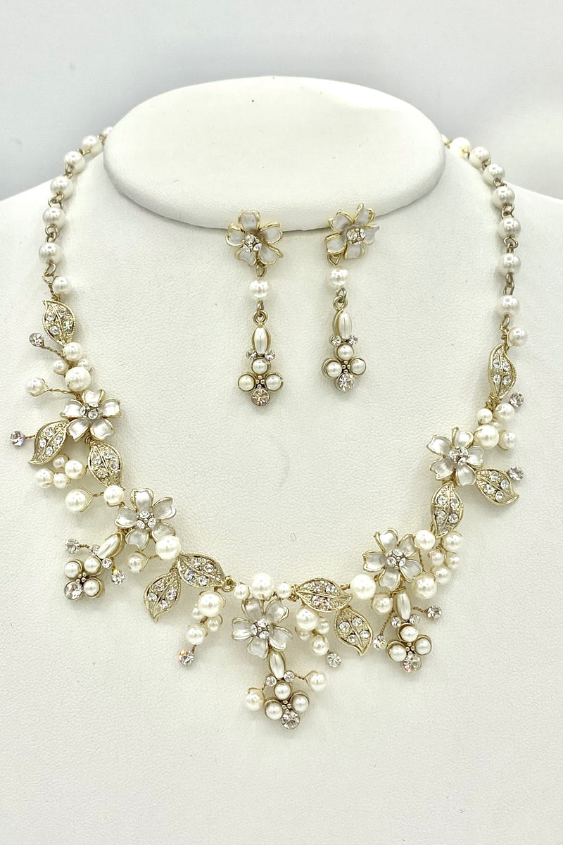 Elen Henderson Floral Pearl Leaf Earring and Necklace Set