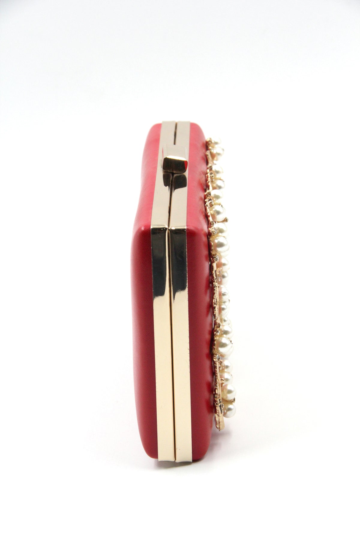 Rectangle Box Shaped Red Clutch with Gold and Pearls