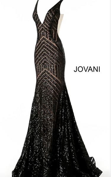 Jovani Plunging Neckline Open Back Cut Out Sequins Gown