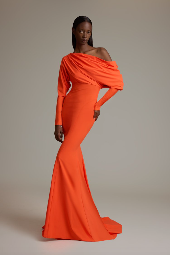 Greta Constantine Learya Drapped Neckline Gown with Train