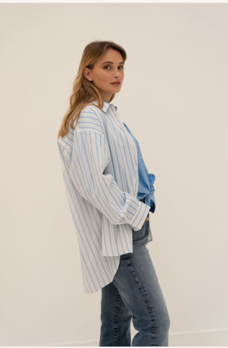 Cotton Button Down Shirt With Collar in Blue & White Stripes
