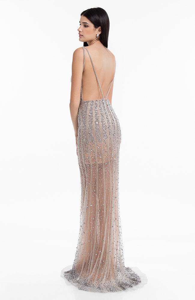Terani V-Neck Beaded Gown with Open Back