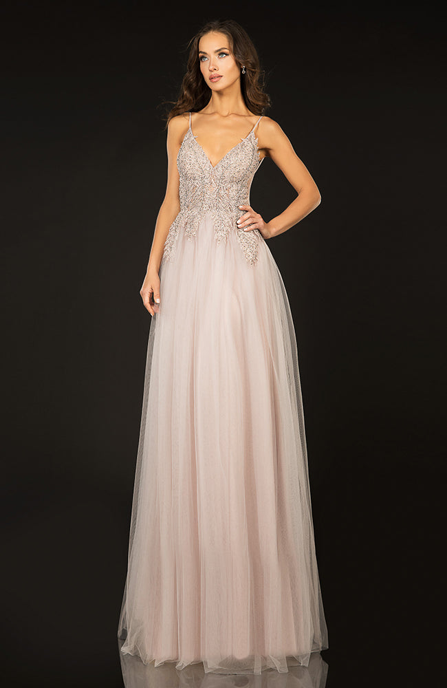 Terani Cross Back Tulle Robe Gown with Beaded Appliqué Pink Blush