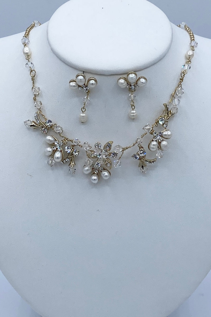 Elen Henderson Pearl Floral Leaf Crystal Necklace and Earring Set