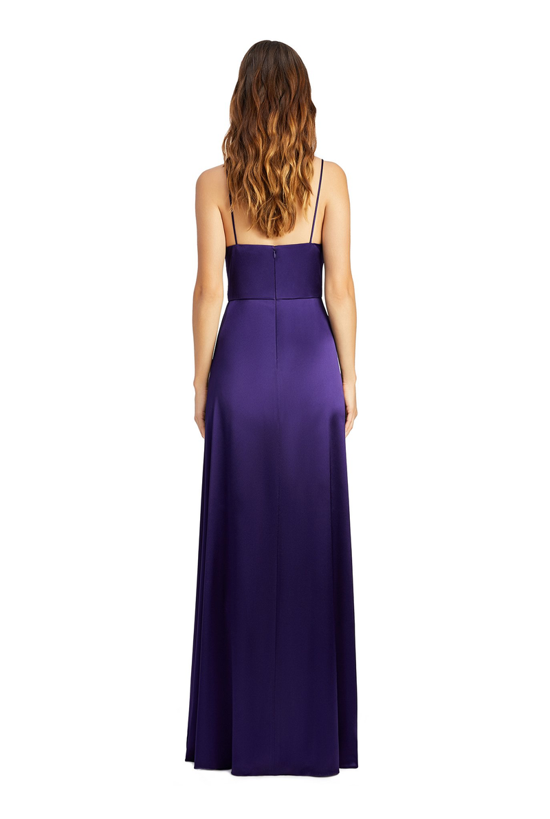 JILL JILL STUART Thandie Satin V-Neck Side Slit Purple Indigo Gown