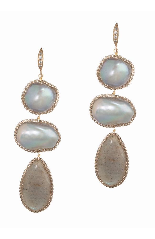 Theia Jewelry Boucles d'oreilles Trois Tiers Perles et Labradorite